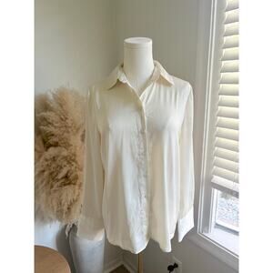 Joie Silky Satin Button Up Blouse Womens XS Ivory White Professional Shirt